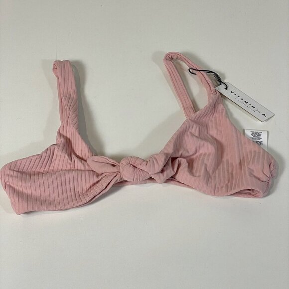 Vitamin A Lou Front Bow Ribbed Triangle Bikini Top Pink XS Swimwear Beach NWT - Picture 1 of 7